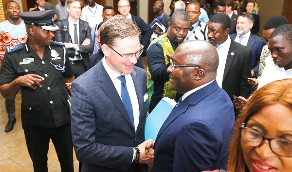The Vice-President, Dr Mahamudu Bawumia, interacting with Mr Jyrki Katainen (left), Vice-President, European Commission for Jobs, Growth, Investments and Competitiveness, after the ceremony in Accra. Picture: SAMUEL TEI ADANO