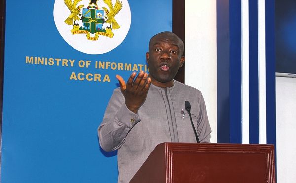 Mr Kojo Oppong Nkrumah, the Minister of Information, addressing the press conference in Accra. Picture: INNOCENT K.OWUSU