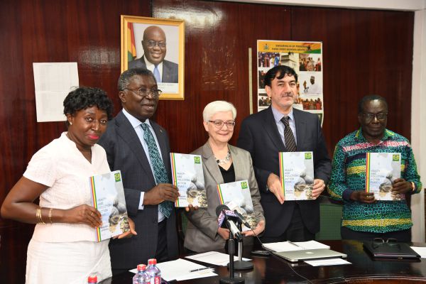 Prof. Kwabena Frimpong-Boateng (2nd left) was joined by Ms Nilguen Tas (middle), Deputy Director of the Department of Environment at the UNIDO Headquarters, and Mr Fahruddin Azizi (2nd right), to launch the Health and Pollution Action Plan (HPAP) report. Also in the picture are Mrs Levina Owusu (left), Chief Director of MESTI, and Mr Oliver Boachie (right), Special Adviser to the minister. Pictures: EBOW HANSON