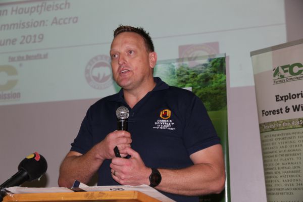 Dr Morgan Hauptfleisch (inset) of the Department of Agriculture and Natural Resources, Nambia University of Science and Technology,  making a presentation at the launch of the report on the census. Picture: ESTHER ADJEI