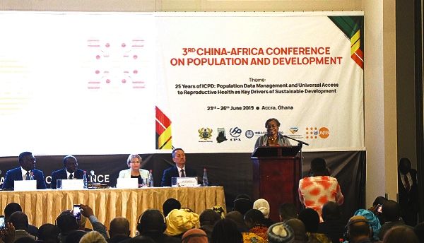 Dr Natalia Kanem speaking at the conference. Also in the picture are from left: Prof. Kwabena Frimpong-Boateng, Prof. George Gyan-Baffour, Dr Heather Cameron and Mr He Zhaohua