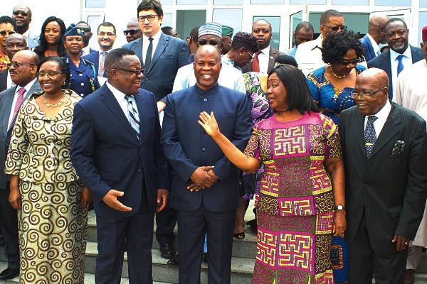  Mrs Mary Chinery-Hesse (hand raised) interacting with Professor Emmanuel Nnadozie (2nd left) at the forum in Accra. Those in the picture include Mr Mohammed Habib Tijani (3rd left), Deputy Minister of Foreign Affairs, and Professor Samuel Kwadwo Boaten Asante (right), Executive Director of the Centre for Regional Integration in Africa. Picture: GABRIEL AHIABOR