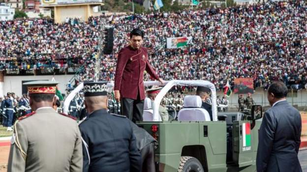 President Andry Rajoelina took part in celebrations at the stadium earlier in the dayImage caption: President Andry Rajoelina took part in celebrations at the stadium earlier in the day