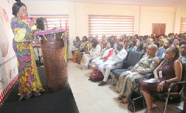 Mrs Barbara Oteng-Gyasi (standing), Minister of Tourism, Arts and Culture, speaking to participants in the launch of the Women In Tourism at a ceremony in Accra. Picture: SAMUEL TEI ADANO
