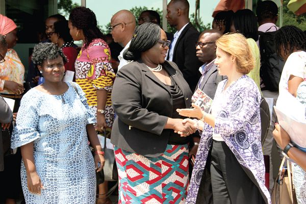  Ms. Anne-Claire Dufay (right), UNICEF Representative in Ghana exchanging pleasantries with Madam Marian Kpakpah (2nd right), Chief Director, Ministry of Planning after the launch of the 2018-2019 District League Table II. Picture: EDNA ADU-SERWAA