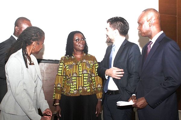 Mrs Ursula Owusu Ekuful (2nd left) interacting with Mr Matteo Lucchetti (2nd right) and Mr Joe Anokye (far right) at the cyber security conference in Accra. Those in the picture include Ms Tenya Hill (2nd left), Attorney Advisor of the United States Department of Justice, and Mr Albert Antwi-Boasiako (partly covered), National Cyber Security Advisor of the Ministry of Communications. Picture: GABRIEL AHIABOR