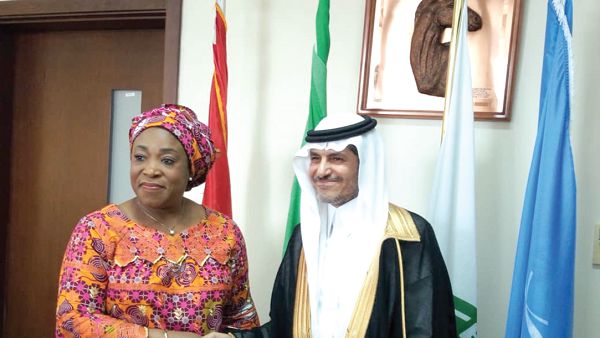  Ms Shirley Ayorkor Botchwey in a handshake with Mr Mishaal Hamdan Al-Ruqi, the Saudi Ambssador designate to Ghana