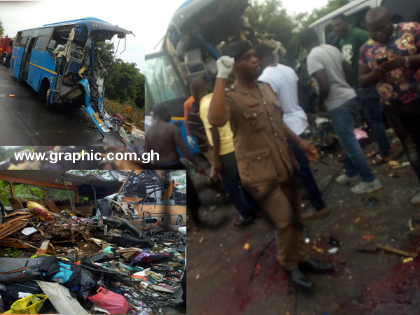 Main photo shows the scene of the accident while inset, are the bus and debris from the accident