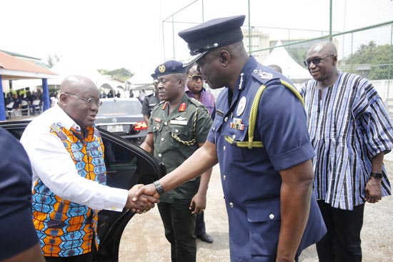 President Nana Akufo-Addo being welcomed by Mr David Asante-Appeatu (right), Inspector General of Police to the 2018 WASSA of the Ghana Police Service. PICTURE BY SAMUEL TEI ADANO