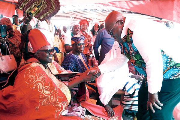  President Nana Addo Dankwa Akufo-Addo being welcomed by Kuoro Richard Babini Kanton VI (seated ), the Paramount Chief of the Tumu Traditional Area, to the durbar. Picture: SAMUEL TEI ADANO