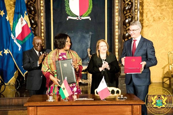 President Nana Addo Dankwa Akufo-Addo and President Marie-Louise Coleiro Preca applauding after Ms Shirley Ayorkor Botchway, Ghana's Minister of Foreign Affairs, and her Maltese counterpart, Carmelo Abela (right) had signed the agreements 