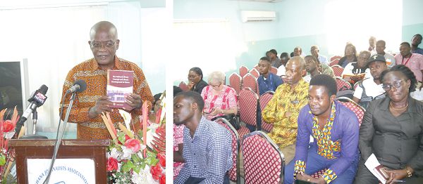 • Prof. John Ahetor (inset), a lecturer at the Pentecost University, launching the book    picture by PATRICK DICKSON