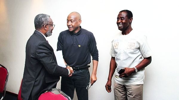 Dr Anthony Nsiah-Asare (left), Director General, Ghana Health Service, interacting with Dr Patrice Matchaba, Head of Global Health and Corporate Responsibility, Novartis, and Professor Kwaku Ohene-Frimpong (right), President, Sickle Cell Foundation of Ghana, after the press conference. Picture: BENEDICT OBUOBI
