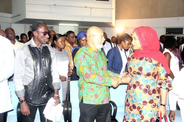 Mrs Samira Bawumia (right) congratulates Mr Anis Haffar, while Mr Kwaku Sintim Misa (left) and others look on. Picture: Maxwell Ocloo
