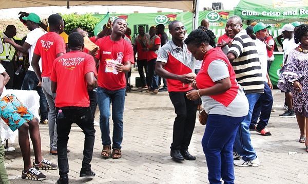 Some Graphic and Accra Brewery staff dancing at the get-together to mark the May Day celebration. Picture: BENEDICT OBUOBI