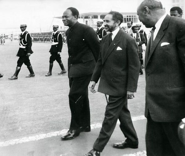 Ethiopian Emperor Haile Selassie (middle) and Ghana's first President Kwame Nkrumah (left) at the formation of the OAU in Addis Ababa, 1963
