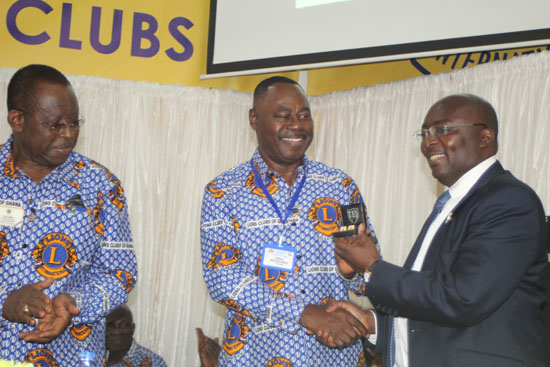 Dr Mensah-Bonsu (middle), presenting the  Lions cufflinks to Dr Bawumia at the event. Looking on is Mr Lawal. Picture: GABRIEL AHIABOR