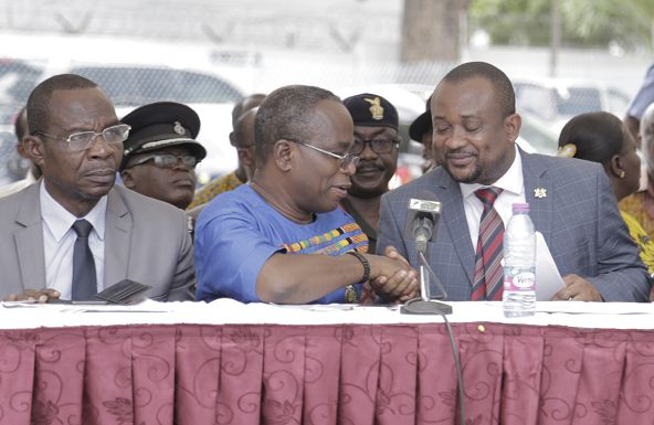 Mr Yaw Boadu-Ayeboafoh (left), Chairman, National Media Commission, chatting with Mr Pius Enam Hadzide (right), Deputy Minister of Information, during the World Press Freedom Day Celebration. Picture: EMMANUEL ASAMOAH ADDAI      
