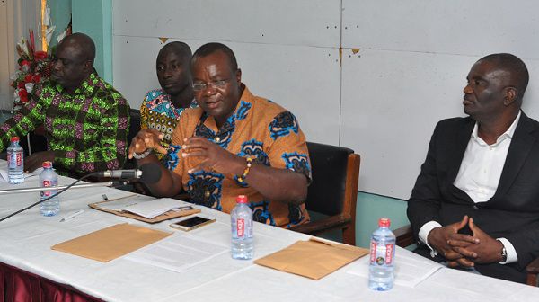 Mr Ebbo Botwe, President, Ghana Plastic Manufacturers Association (GPMA), stressing a point. Those with him are Mr Magnus Nunoo (right), President, National Association of Sachet Water Producers, Mr Elvis Oppong, (2nd left), President, Pure Water Sachet Waste Collectors and Mr Alfred Numo (left), Board Member, GPMA. Picture: NII MARTEY M. BOTCHWAY