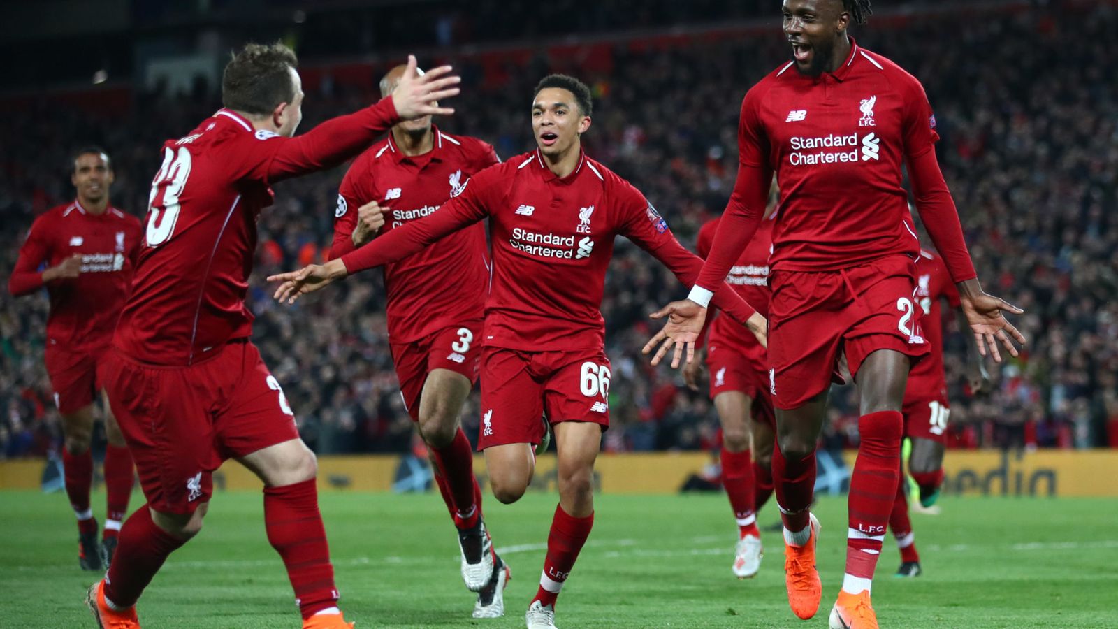 Divock Origi celebrates as he scores Liverpool's fourth goal to send them to the final