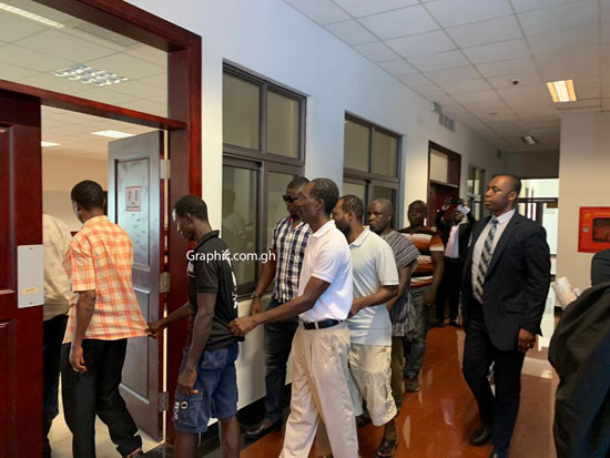 The accused persons, seven leaders of the alleged secessionist group have been remanded into police custody until May 22, 2019. Picture shows the accused persons being escorted to the courtroom on Wednesday afternoon