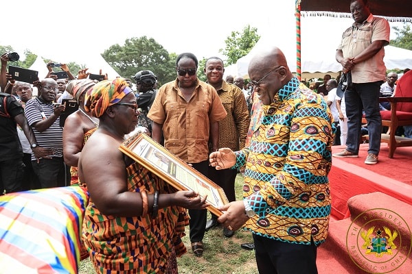 President Akufo-Addo receiving a citation from the Queenmother of Jasikan