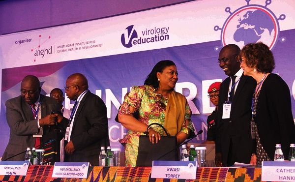  Mrs Rebecca Akufo-Addo (3rd right) explaining a point to Prof. Catherine Hankins (right), Scientific Chair, Amsterdam Institute for Global Health and Development and Prof. Kwasi Torpey (2nd right), University of Ghana College of Health Sciences Ghana Local Chair 2019, after the conference. Behind the First Lady are Mr Kwaku Agyemang-Manu (2nd left), Minister of Health and Dr Badu Sarkodie (left), Director of Public Health, Ghana Health Service. Picture: EDNA ADU-SERWAA