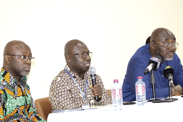 Mr Emmanuel Appoh (middle), Head of Environmental Quality Department at EPA, addressing participants at the press briefing. Those with him are Mr Ebenezer Appah-Sampong (right), Deputy Executive Director of the EPA and Mr Desmond Appiah (left), Resilience and Sustainability Advisor to the Accra Metropolitan Assembly.
