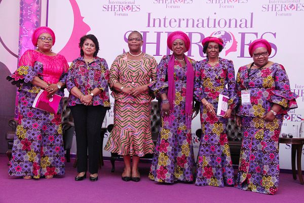 Madam Dame Tamuno (left), President, SHEROES Forum, Nigeria Chapter, with some dignitaries at the forum. They are, (from 2nd left) Dr Ameenah Gurib-Fakim, Dr Oby Ezekwesili, Mrs Flossy Menson, Co-Founder, SHEROES Forum, Nana Konadu Agyemang Rawlings and Dr Joice Mujuru. Picture: BENEDICT OBUOBI
