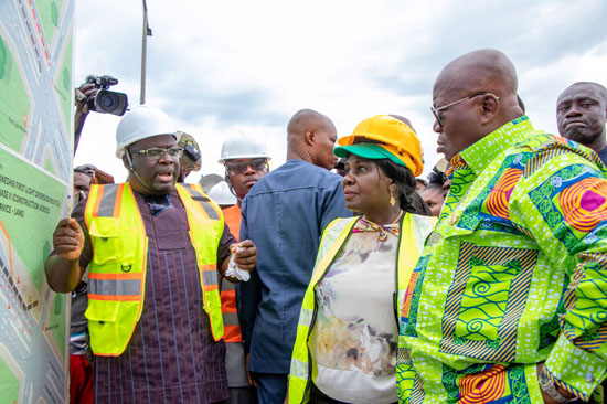 At Kaneshie First Light junction, where an emergency priority storm drain is being constructed, the project manager, Mr. George Asiedu (left), told President Akufo-Addo that the 630-metre-long storm drain will help end the perennial flooding that occurs in Kaneshie and its environs.
