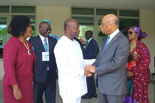 Mr Jean-Claude Kassi Brou (2nd right), the President of ECOWAS Commission, interacting with Mr Ken Ofori-Atta (3rd left) at the inaugural meeting of the Association of Auditors General of West Africa in Accra. Those with them include Mrs Roberta Assiamah-Appiah (left), Deputy Auditor General in charge of Finance and Administration and Ms Halima Ahmed (right), the Commissioner of Finance of the ECOWAS Commission. Picture: GABRIEL AHIABOR