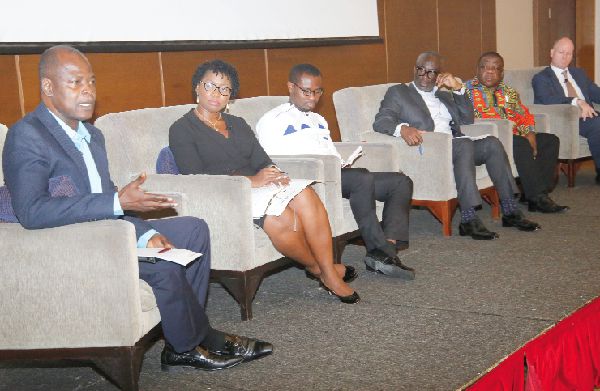 Dr Steve Manteaw (left), Chairman, PIAC, speaking at a stakeholder forum on Crude Oil and Natural Gas Marketing in Accra. Picture: SAMUEL TEI ADANO
