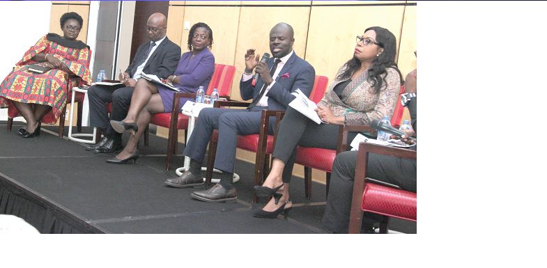  Mr Kofi Abotsi (2nd right) stressing a point during the panel discussions at the forum. With him are Mrs Linda Ofori-Kwafo (left), Mr Henry Yentumi (2nd left), Ms Letitia Adu-Ampoma (3rd left) and Ms Victoria Bright (right). Picture: BENEDICT OBUOBI