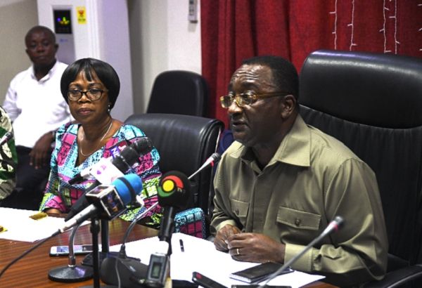 Dr Owusu Afriyie Akoto, the Minister of Food and Agriculture, addressing the press conference. With him is Dr Felicia Ansah-Amprofi, Director of Plant Protection and Regulatory Services Directorate (PPRSD) 