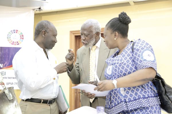 Prof. Stephen Adei (2nd left), Chairman, NDPC, interacting with Mr Ken Ofori-Atta (left), and Ing. Carlien Bou-Chedid, President elect, Federation of African Engineering Organisation (FAEO) after the forum.Picture: EMMANUEL ASAMOAH ADDAI