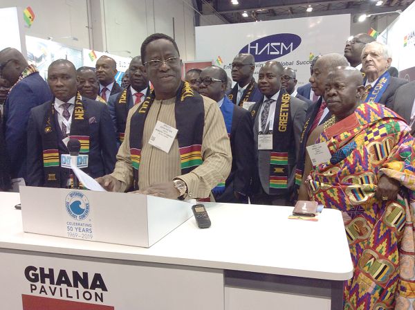 Mr. John-Peter Amewu addressing the participants at the opening of the Ghana Pavilion at the Offshore Technology Conference in Houston Texas