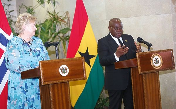 President Nana Addo Dankwa Akufo-Addo answering questions from the media at the Jubilee House, as Ms Erna Solberg (left), the Norwegian Prime Minister looks on. Picture: SAMUEL TEI ADANO