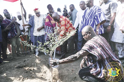 President Akufo-Addo (with a shovel) planting a tree for commencement of work on the Pwalugu Multipurpose Dam