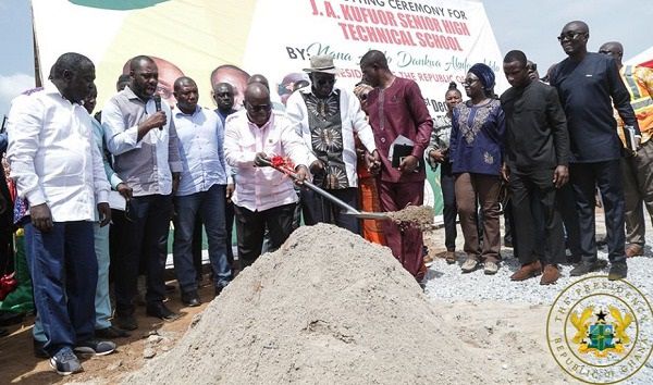 President Akufo-Addo (2nd left) being assisted by former President, Mr J. A Kufuor to cut the sod for construction to begin. With them is the minister for Education Dr Mathew Opoku Prempeh (Left, with mike in hand). INSET; an artist’s impression of the school.  Pictures: EMMANUEL BAAH