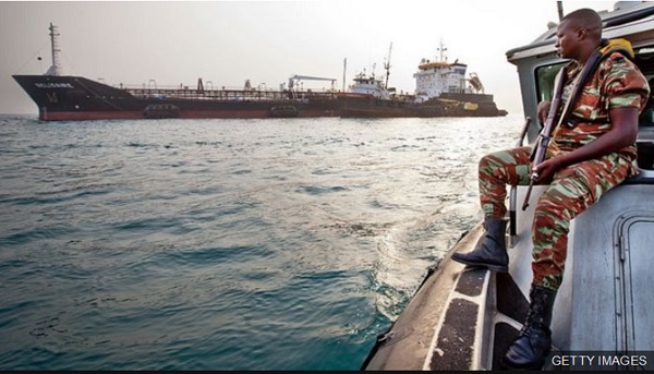 The Benin navy's anti-piracy team on patrol in the Bight of Benin in the Gulf of Guinea 