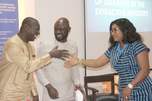  Mrs Cynthia Morrison (right), with Dr. Amin Adam (left) after the stakeholders forum. Looking on is Mr Benjamin Boakye (2nd left), Executive Director, Africa Centre for Energy Policy (ACEP).