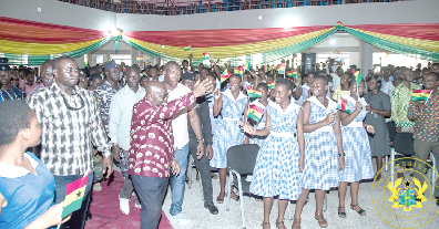 • President Akufo-Addo acknowledging cheers from students and some staff members of the Mawuli Senior High School