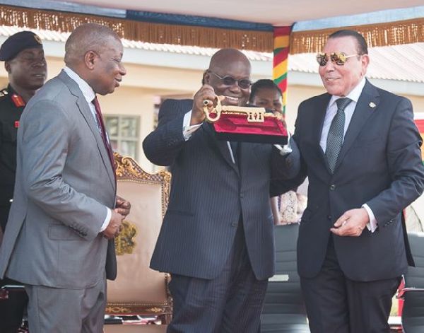  Dr Said Deraz (right), Chairman/CEO, Euroget Group, making a symbolic handover of the hospital’s keys to President Akufo-Addo at the inauguration ceremony. With them is Mr Kwaku Agyeman-Manu (left), the Minister of Health. Pictures: DOUGLAS ANANE-FRIMPONG