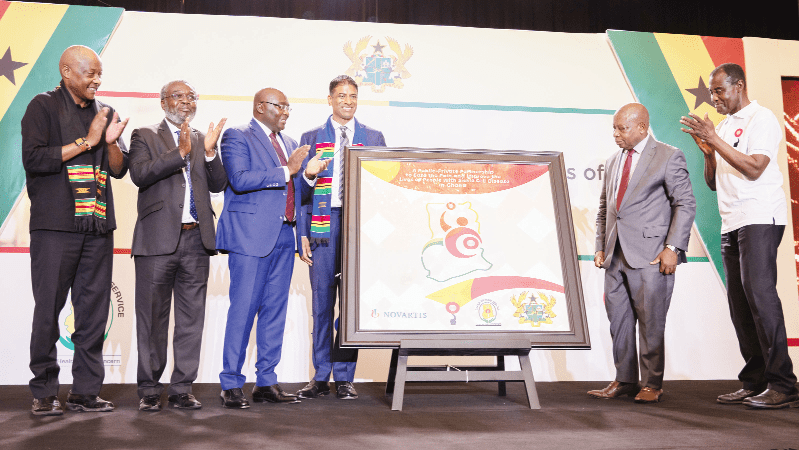 Vice-President Dr Mahamudu Bawumia (3rd left) and Mr Kwaku Agyemang-Manu (2nd right), Minister of Health, admiring the partnership artefact after the launch of the implementation of agreement. With them are Dr Vas Narasimhan (4th left), Dr Anthony Nsiah-Asare (2nd left), Director-General of the Ghana Health Service, and Professor Kwaku Ohene-Frempong (right), President of the Sickle Cell Foundation of Ghana