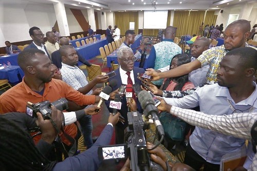 Mr Yaw Osafo Maafo, Senior Minister, addressing the media at the Ghana Beyond Aid meeting in Accra. Picture: SAMUEL TEI ADANO