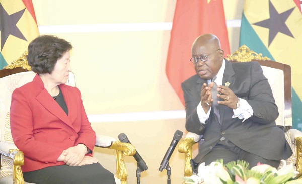 President Nana Addo Dankwa Akufo-Addo explaining a point to Ms Sun Chunlan (left), Vice Premier of the Republic of China, at the Jubilee House.