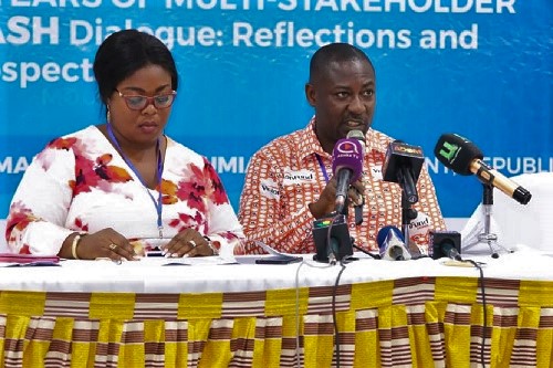 Mr Attah Arhin, the Vice-President of CONIWAS, and Ms Ama Ofori-Antwi, the Executive Secretary of ESPA, addressing the media at the press conference