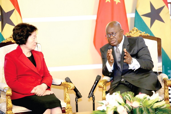 President Nana Addo Dankwa Akufo-Addo explaining a point to Ms Sun Chunlan (left), a Vice-Premier of the Republic of China, at the Jubilee House.