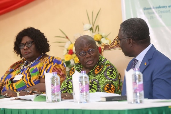 President Nana Addo Dankwa Akufo-Addo interacting with Prof. Frimpong-Boateng (right), the Minister of Environment, Science, Technology and Innovation. With them is Prof. Henrietta Mensa-Bonsu (left), President, GAAS