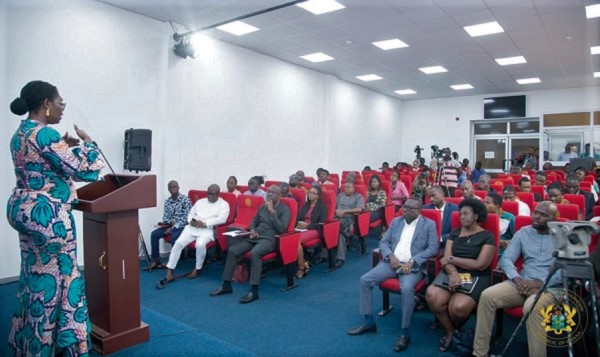 Mrs Ursula Owusu-Ekuful, the Minister of Communications addressing some journalists in Accra 